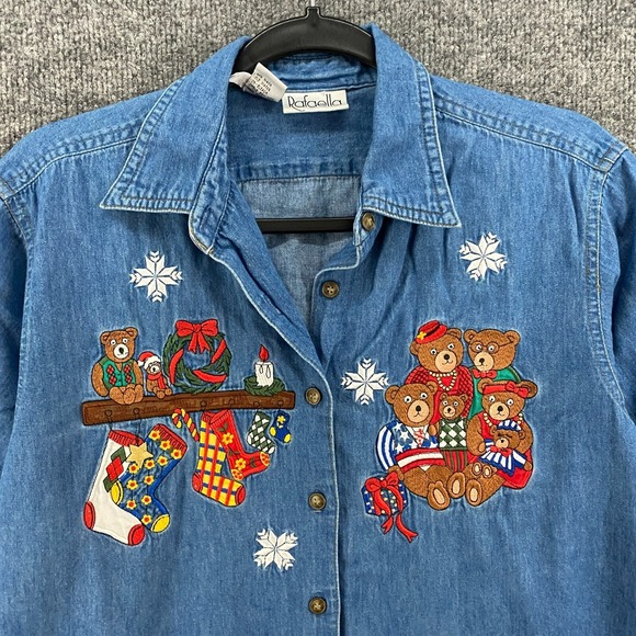 Vintage Rafaella Shirt Womens M Blue Holiday Bears Button Up Christmas Denim - Picture 2 of 10